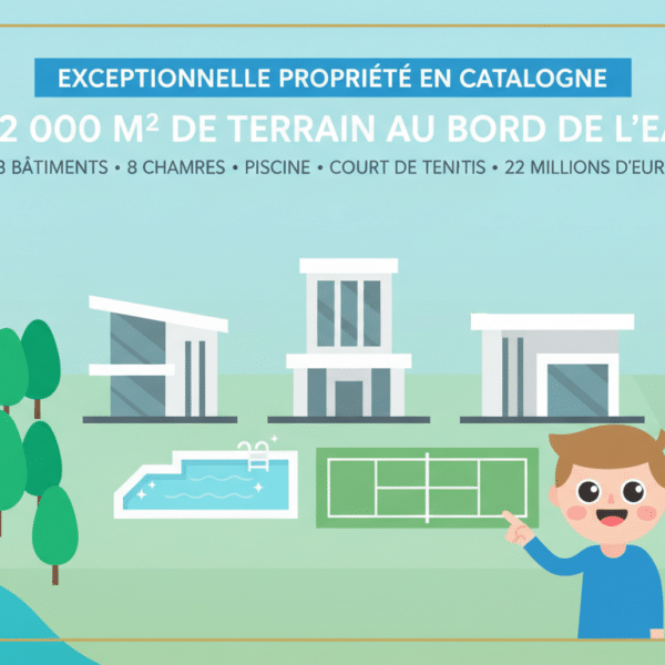 Découvrez cette exceptionnelle propriété en catalogne, offrant 12 000 m² de terrain en bord de mer, 3 bâtiments, 8 chambres, piscine et court de tennis, au prix de 22 millions d'euros 