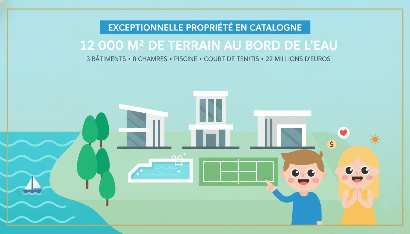 Découvrez cette exceptionnelle propriété en catalogne, offrant 12 000 m² de terrain en bord de mer, 3 bâtiments, 8 chambres, piscine et court de tennis, au prix de 22 millions d'euros